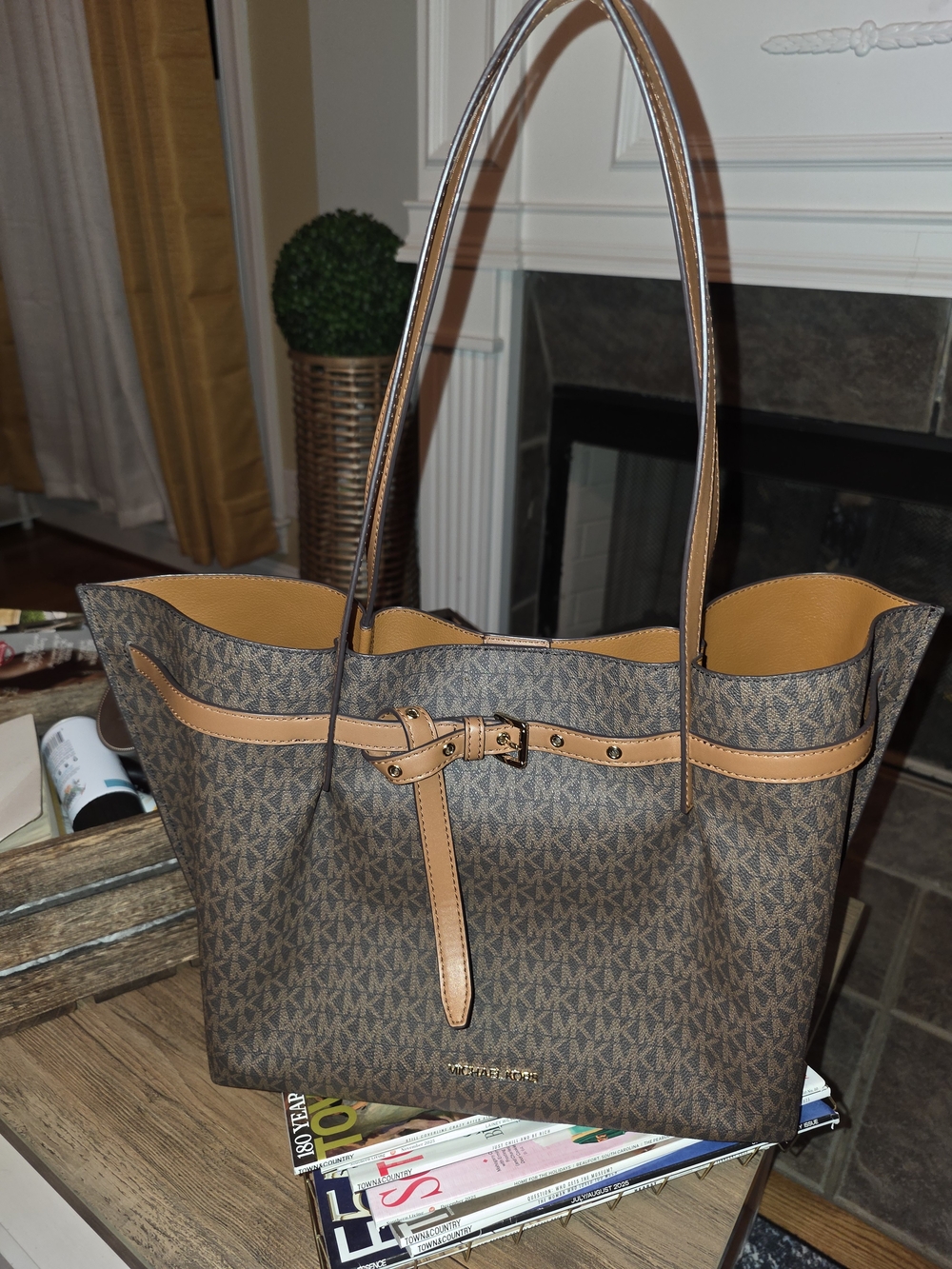 Michael Kors Brown Signature MK Tote with Tan Trim